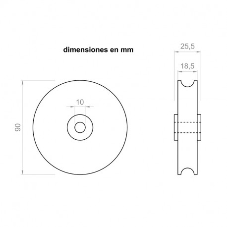 Puleggia 25,5 mm, larghezza 90 mm di diametro esterno per asse 10 mm