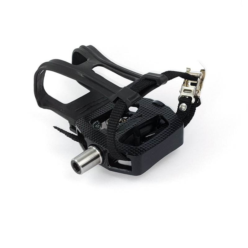 Pair of mixed black aluminum spinning pedals, tapered axle without thread, with M8*1.25mm screw + toe clip and strap + SPD